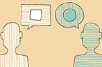 Digital illustration of two people talking with speech bubbles